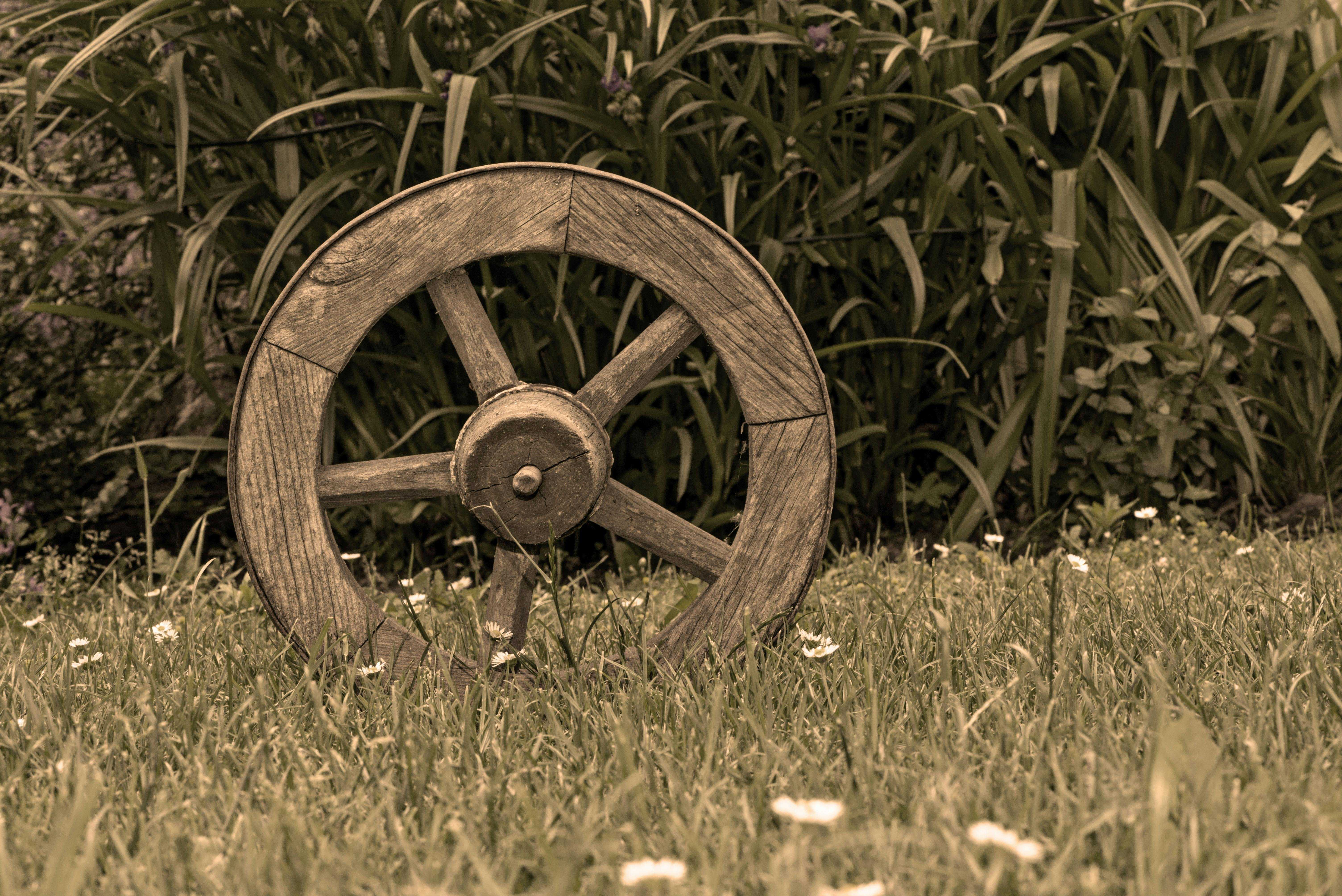 A picture of a wooden wheel.