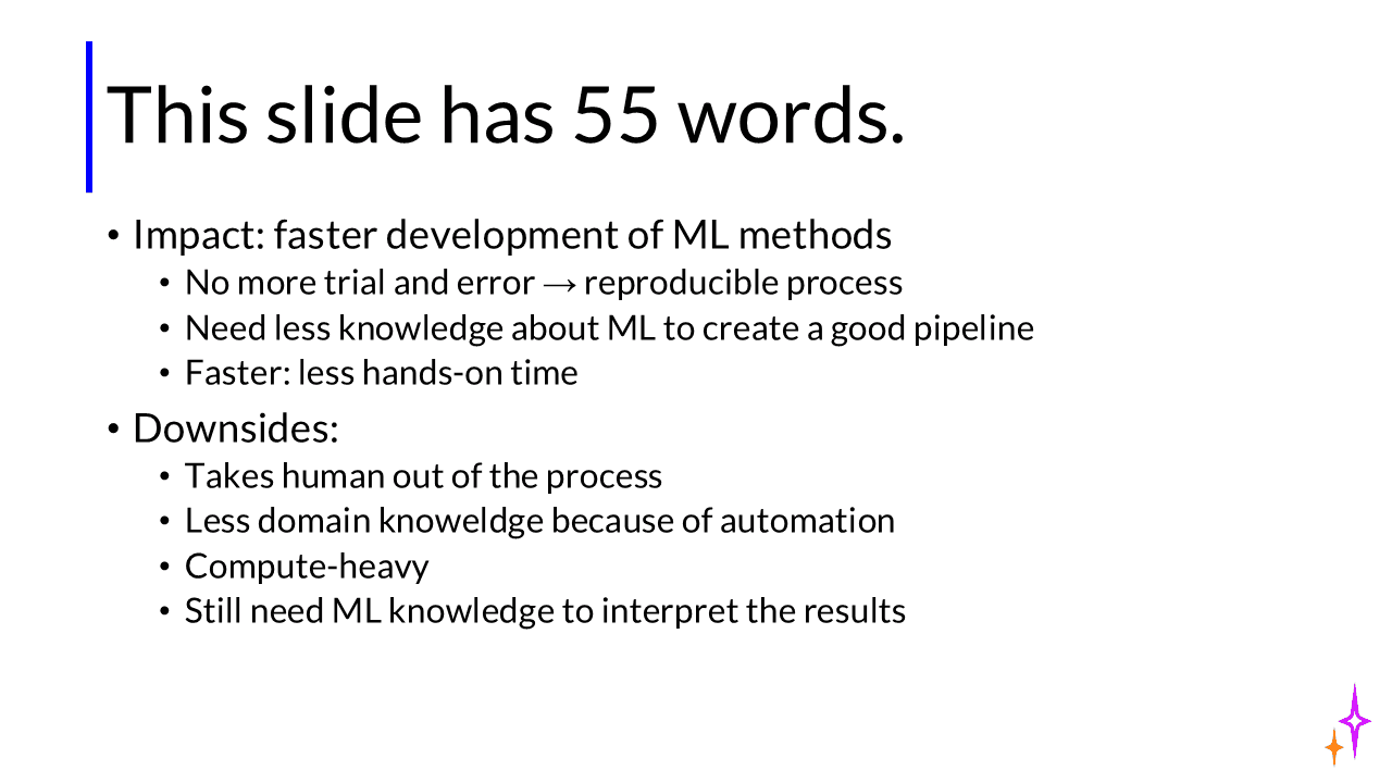 Image of a slide with only bullet points with 55 words total