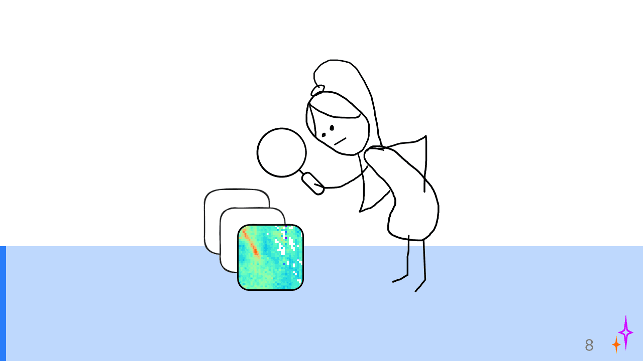 Image of a slide with stick figure drawing of me looking with a magnifying glass at a stack of data
