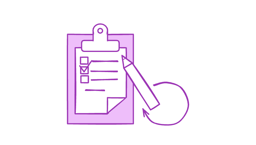 Illustration of a clipboard with a form to be filled in, with a pencil and a circular arrow representing reusability.