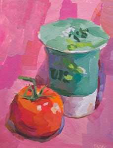 A still life painting of a tomato and a tub of soy yoghurt.