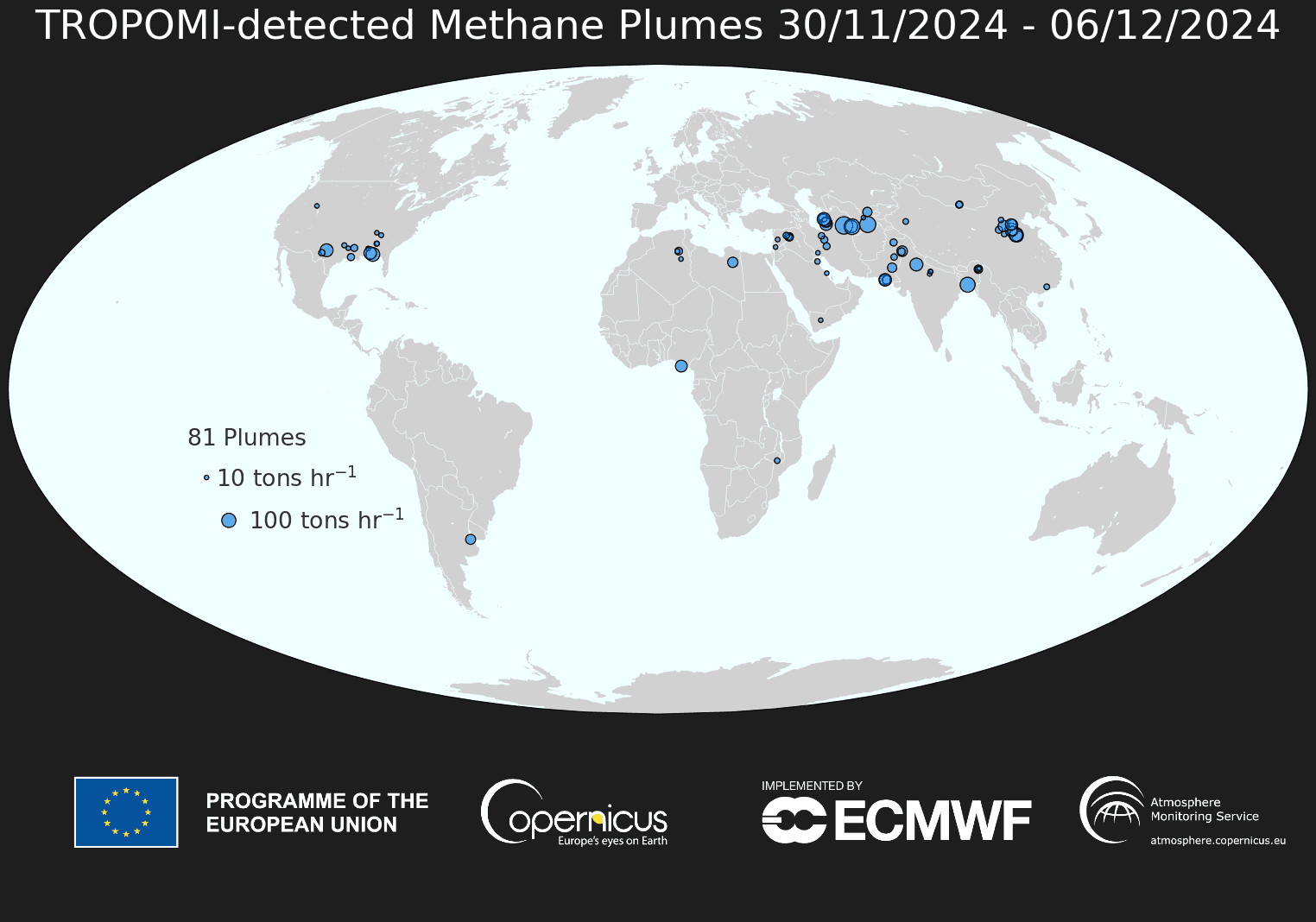 A worldmap showing detected emission locations