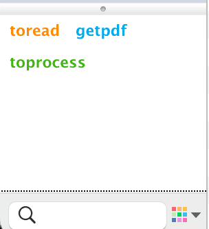 Screenshot of the Zotero Tags panel with 3 coloured tags: toread, getpdf and toprocess