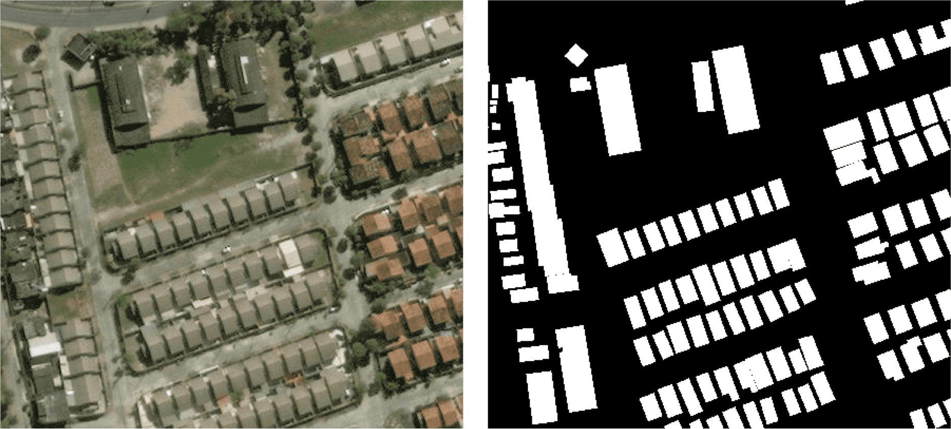 Example image and mask from the SpaceNet7 building detection dataset