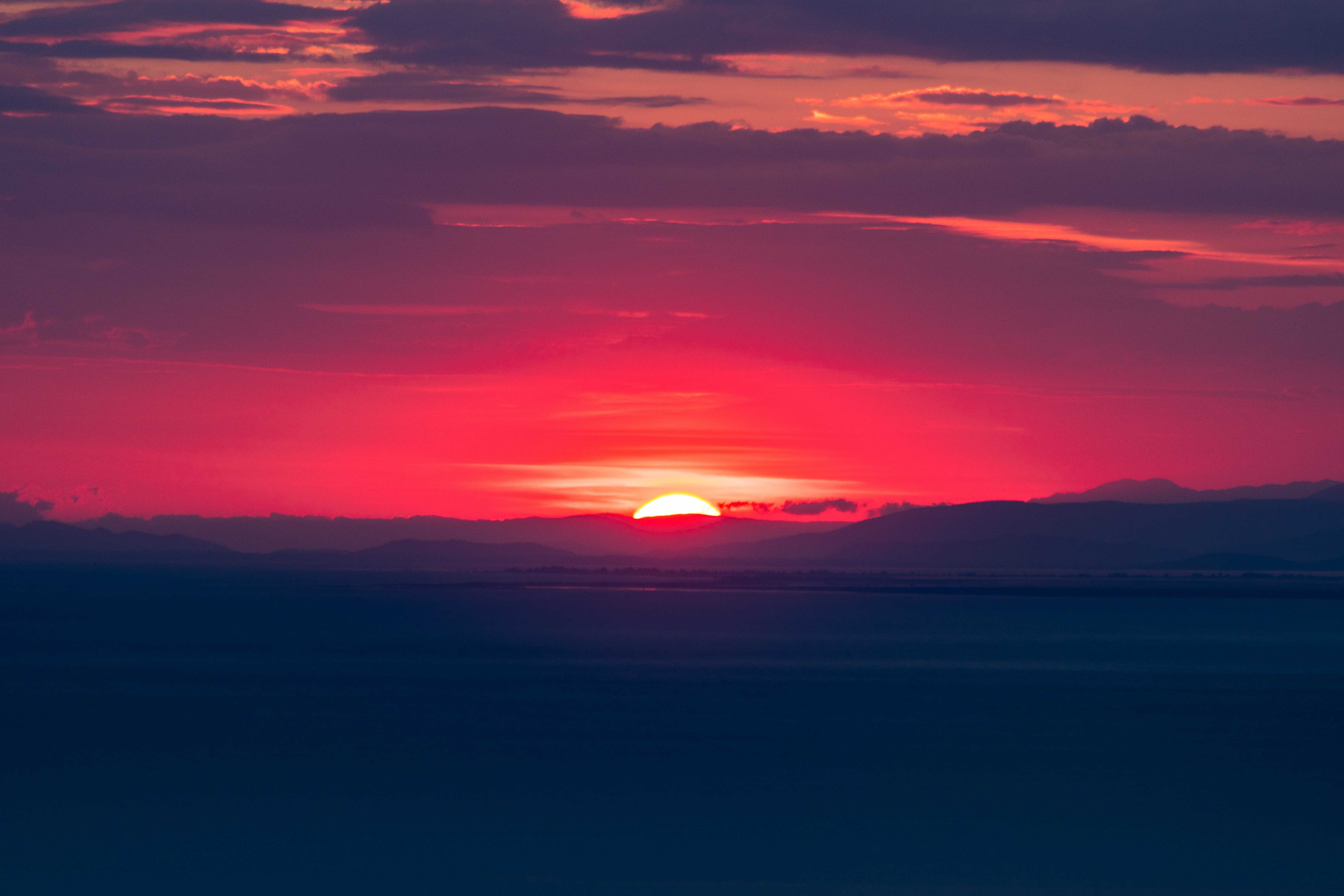 Image of a sunrise, with a pink sky and blue foreground.