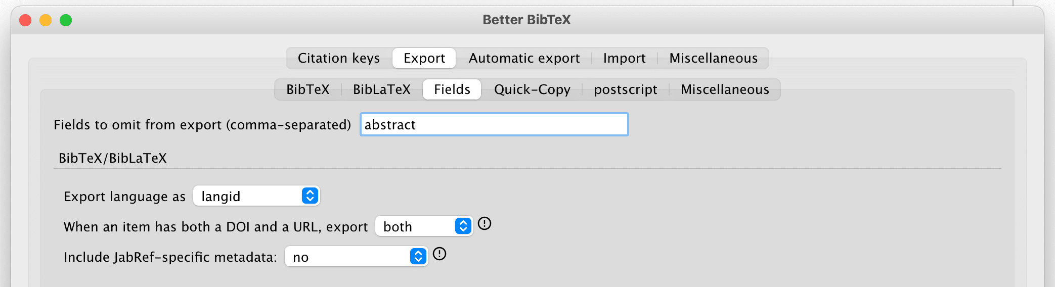 Screenshot of the Export > fields item in the BetterBibTex preferences in Zotero.