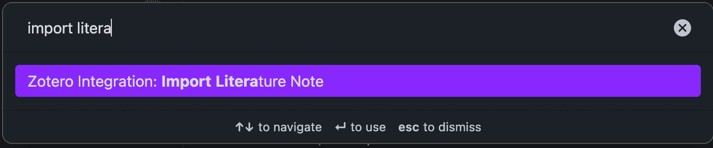 Screenshot of Obsidian command palette with 'import litra' typed and the suggestion 'Zotero integration: import literature note' showing.