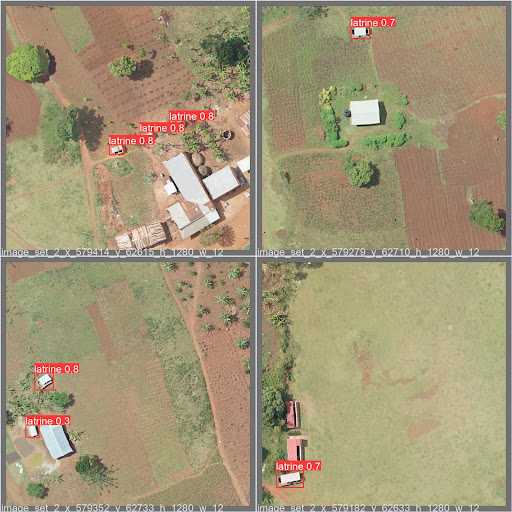 Output from the object detection model showing some detected latrines.