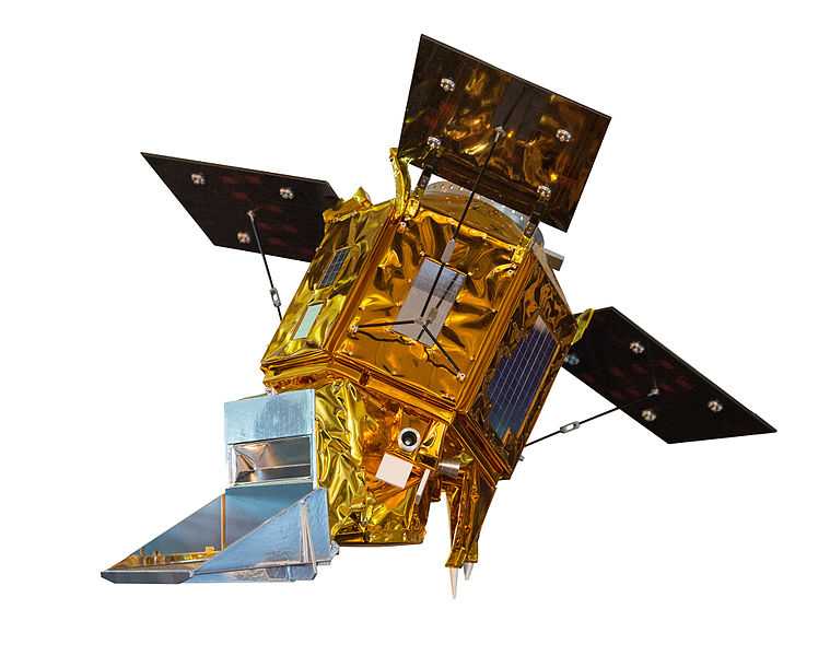 Photo: ESA Sentinel-5P satellite model, cut out on a white background